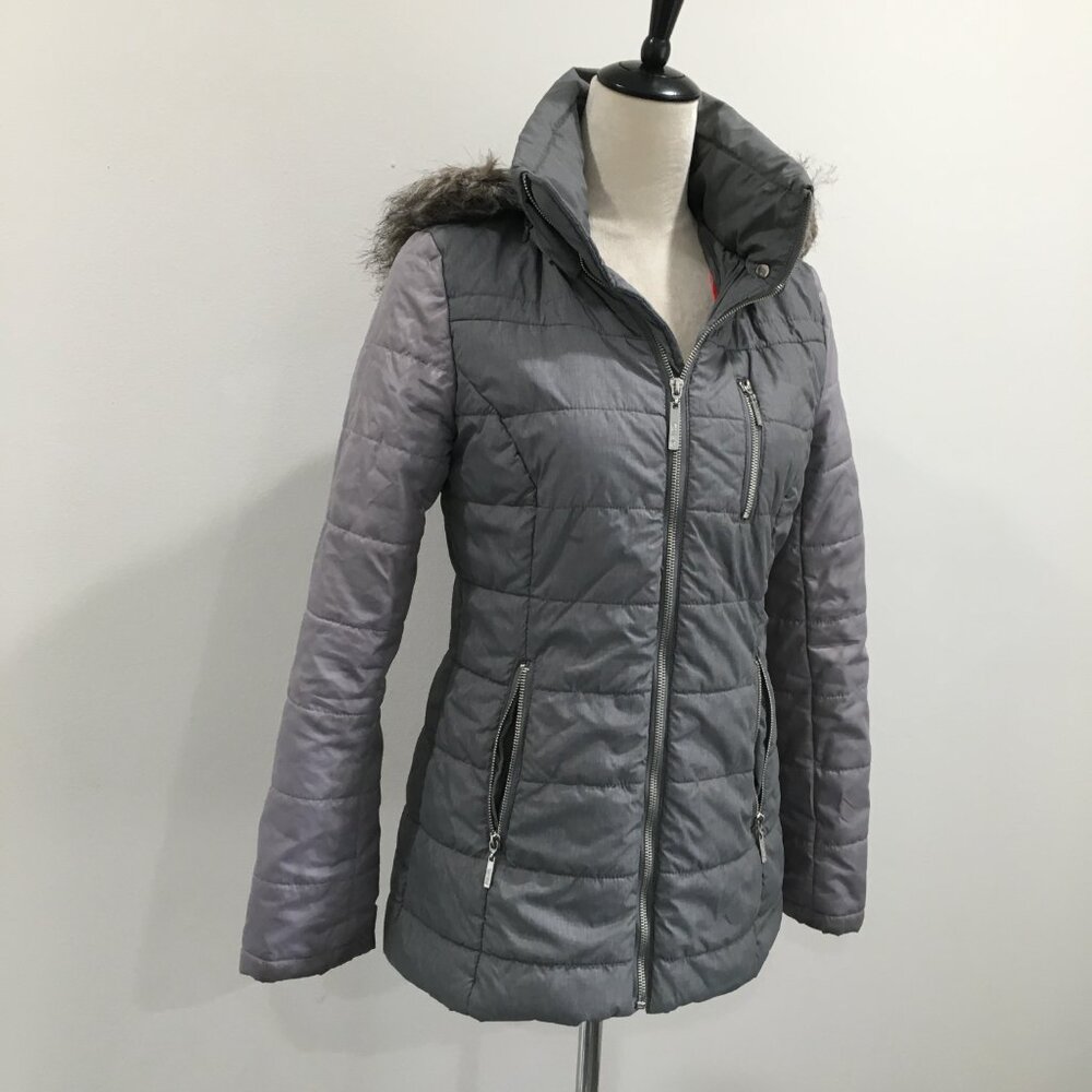 KENSIE Mixed Gray Zippered Pockets Long Sleeve Fur Hood Puffer Jacket